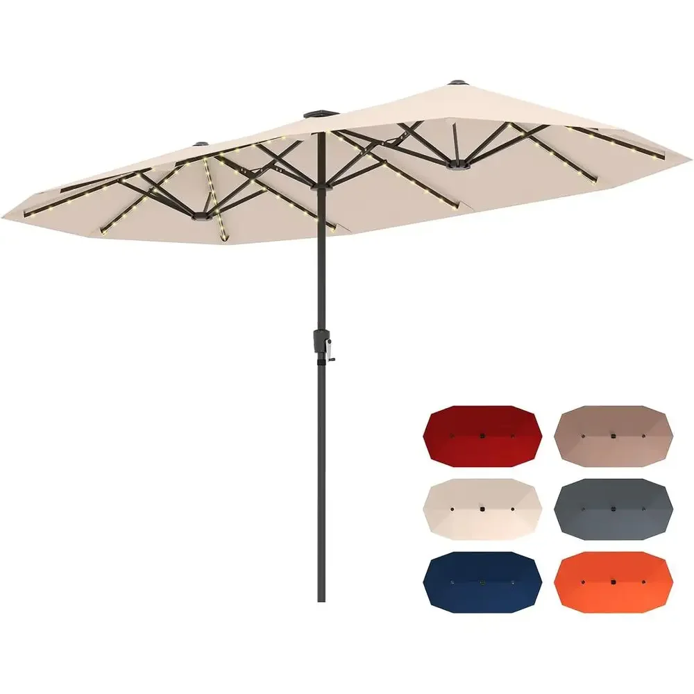 Double-Sided Large Outdoor Patio Umbrella with 108 LED Lights, Crank and 12 Ribs for Garden & Backyard (Beige)