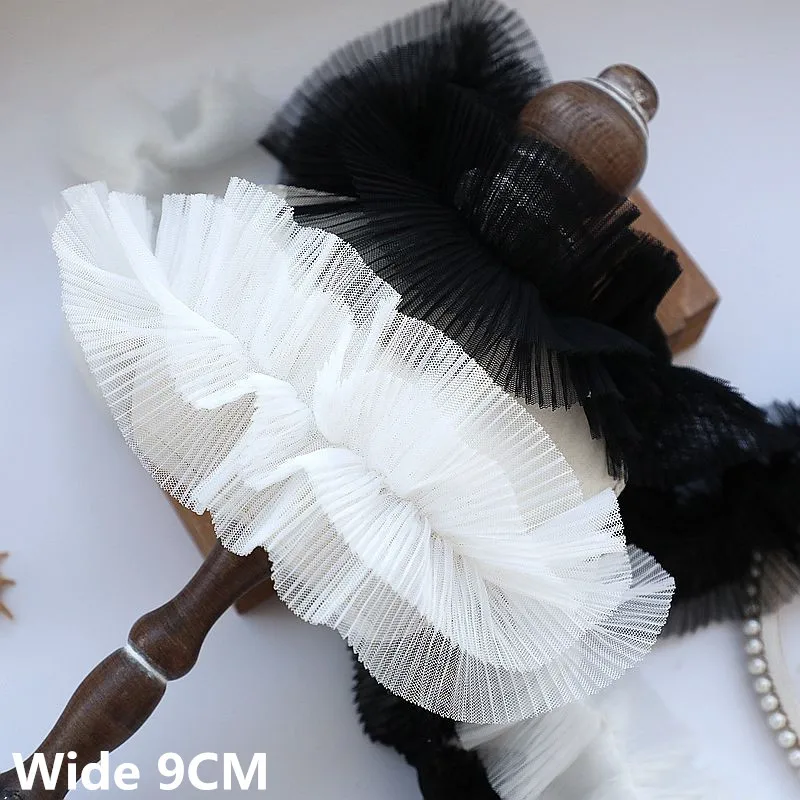 8CM Wide White Black Double Layers Frilled Mesh 3d Pleated Lace Fabric Needlework Fringed Ribbon Dress Headwear DIY Sewing Decor