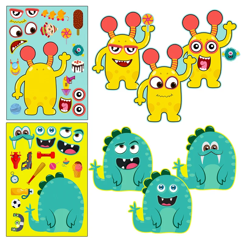 Make a Monster Face Stickers Sheets For Kids 6-24PCS Puzzle Jigsaw Stickers DIY Toys Children Boys Girls Party Games Gifts