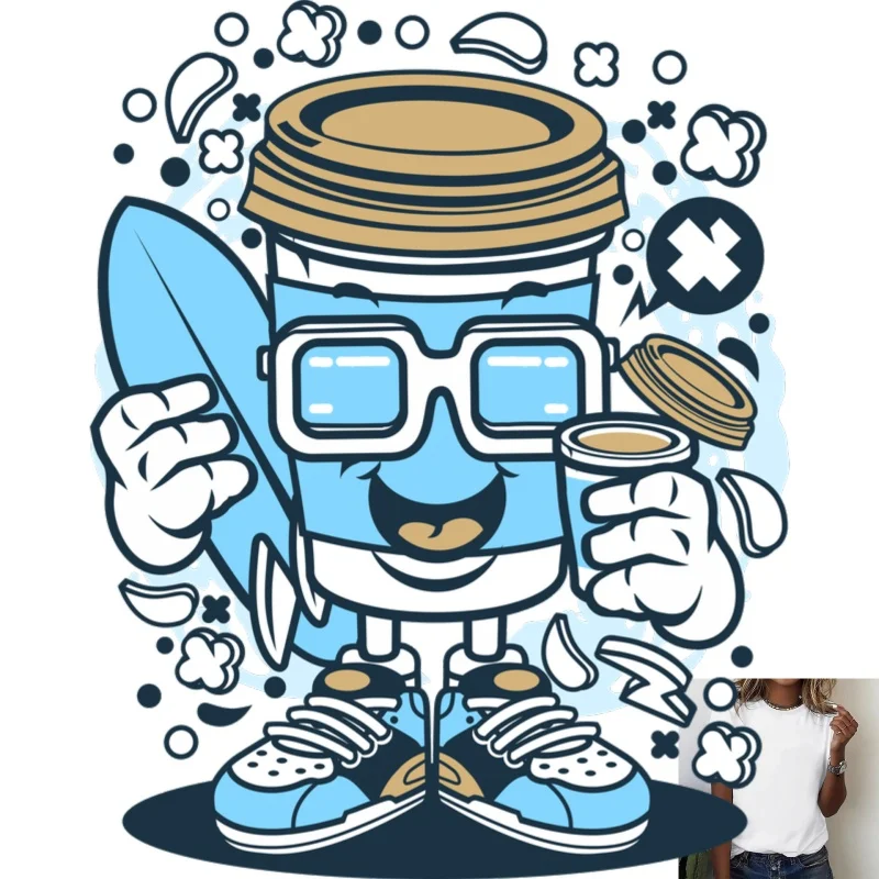 Fun Cartoon Coffee Cup Heat Transfer White Ink Iron - on, with Surfboard & Sneaker Elements, Suitable for T - shirts/Canvas