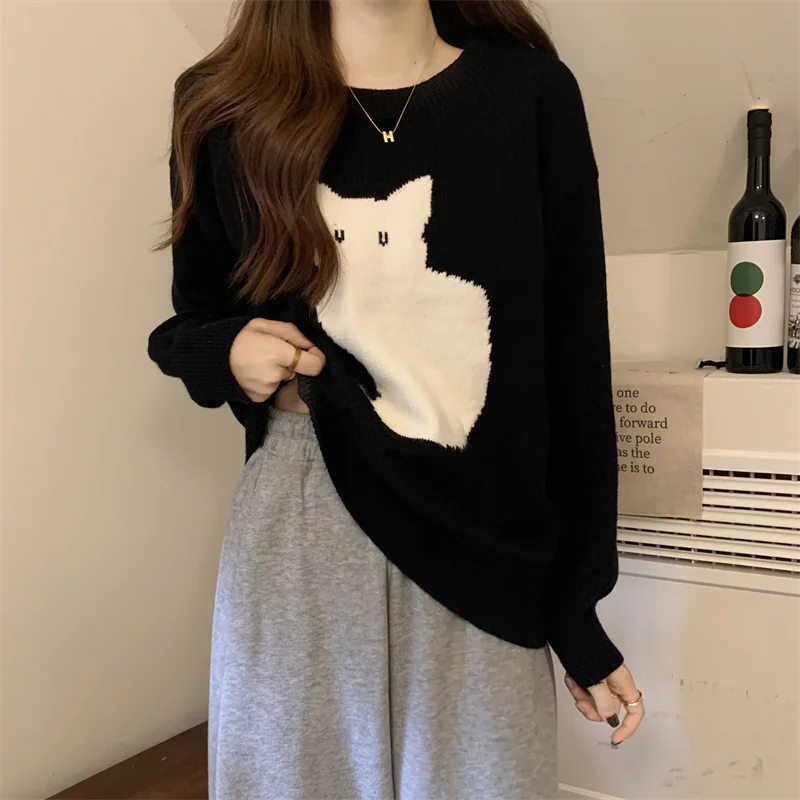 Women‘s Sweater Cute Cartoon Cat Pullover Autumn Winter Outwear Baggy Vintage Knitted Top Fashion Streetwear Female Y2k Clothes