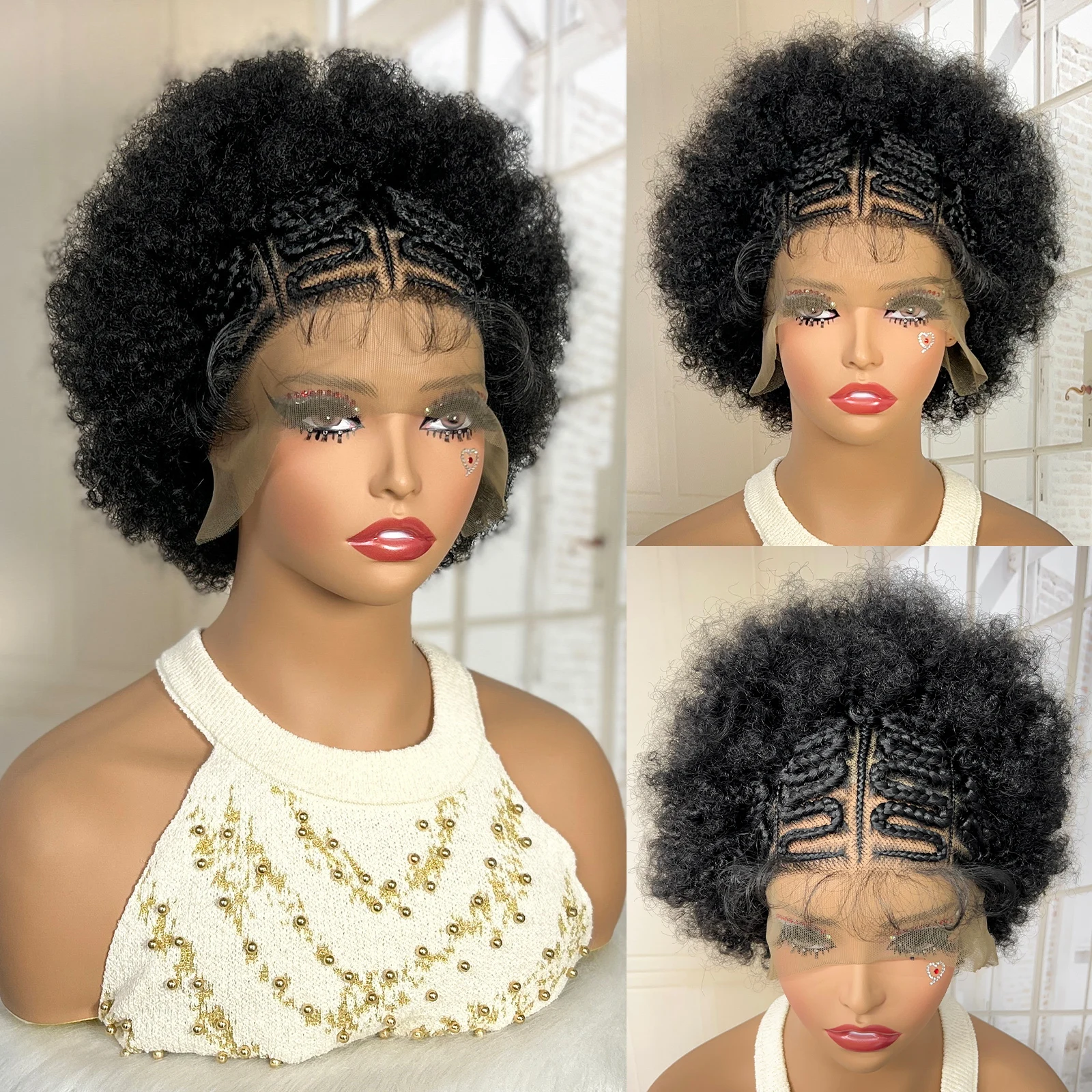 Peluca Afro de encaje Frontal para mujeres negras, postizo de pelo rizado sin nudos, 1B/BUG, africano, trenzado, 13x6