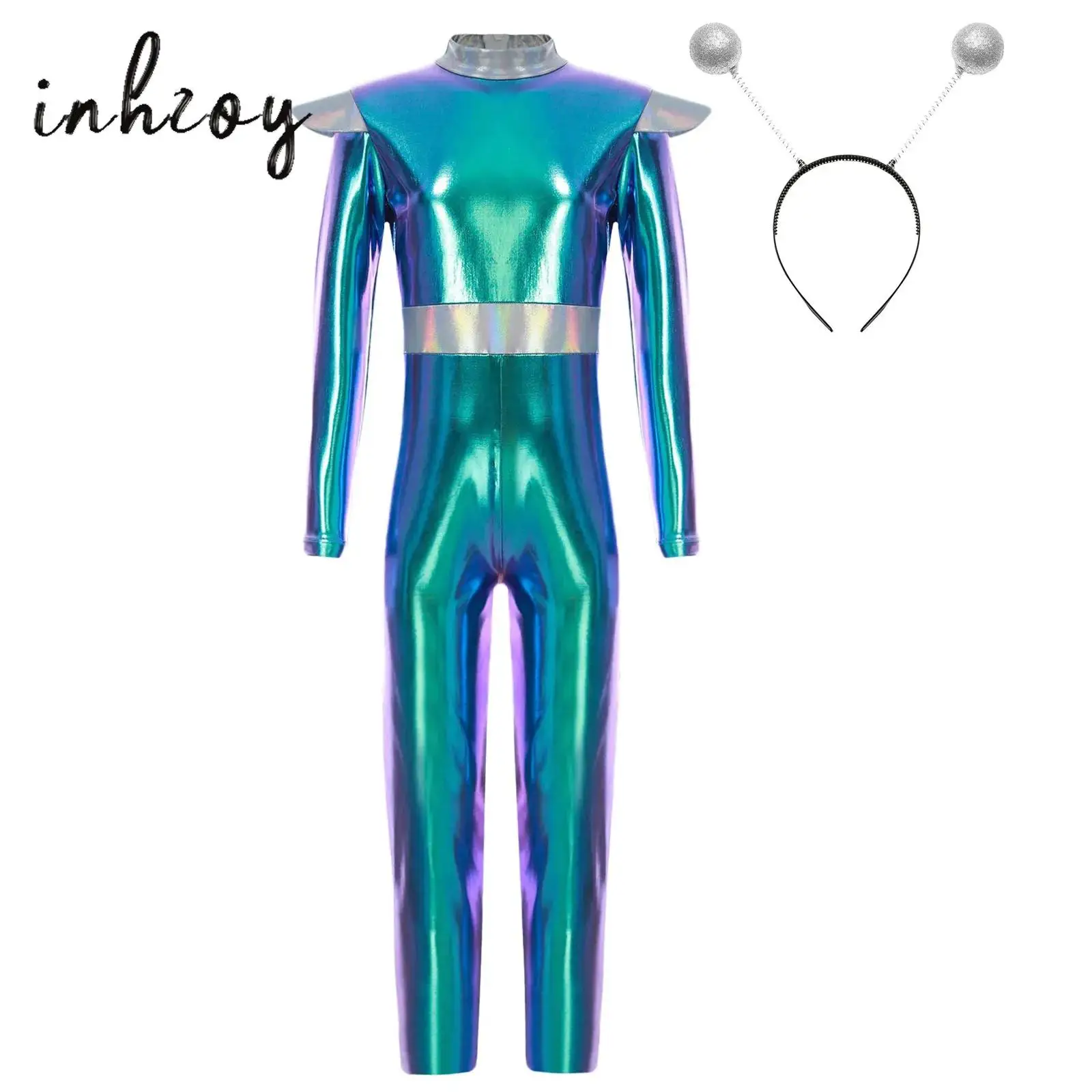 Boys Girls Halloween Alien Costume Holographic Full Length Bodysuit+ Hair Hoop Alien Cosplay Suit School Show Metallic Jumpsuit