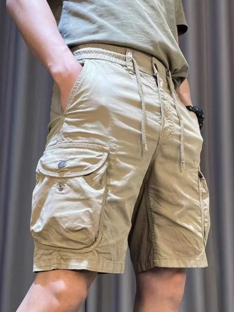 Male Short Pants Green with Pockets Button Men\'s Cargo Shorts Elegant Big and Tall Luxury Homme New in Nylon Popular Cotton Wide