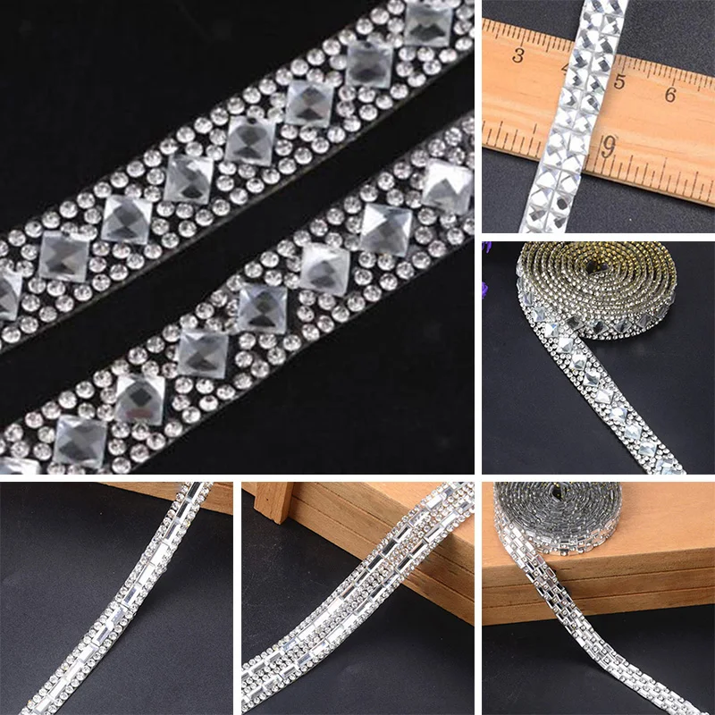 Iron On Applique Trim, Silver Rhinestone Ribbon Beaded, Easy to Use, Suitable for Clothing Shoes Accessories, Length 1M/3 3 foot