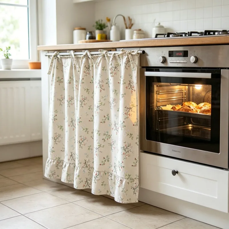 1PC Cotton Linen Farmhouse Plaid Ruffled Edge Curtain No Drilling Tie Ribbon Decorative Skirt For Kitchen Cabinet Oven Decor