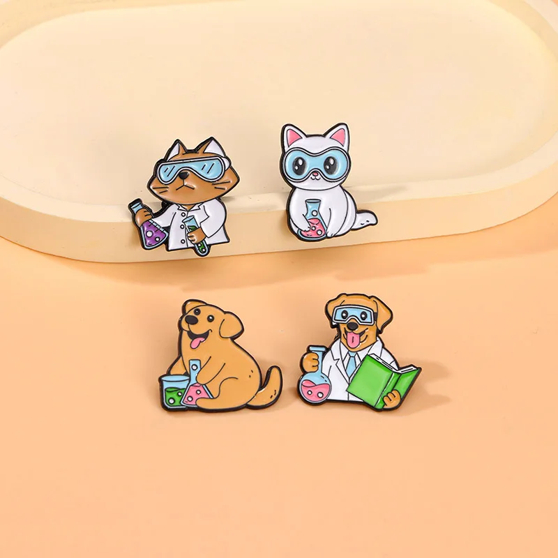 4pcs Cute Cartoon Animal Chemist Enamel Brooch Creative Cat Dog Lapel Pin Badge Backpack Clothing Hat Accessories