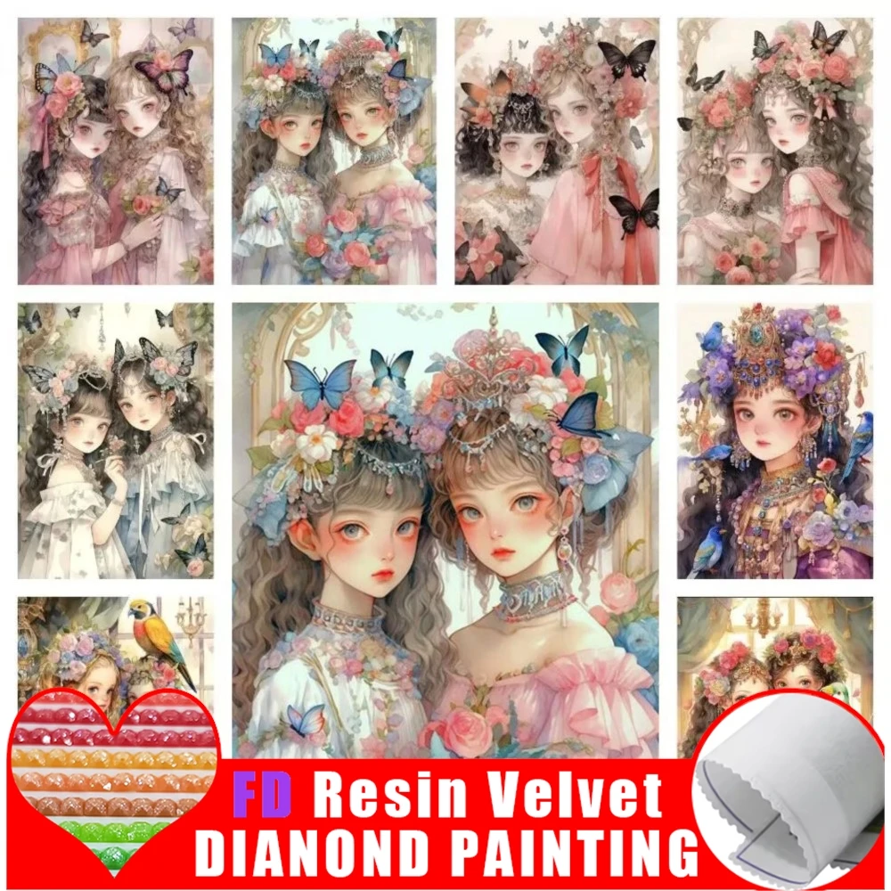 

FD Resin 5D Handmade Cartoon Fairy Girl Sister DIY Diamond Painting Kit Flower Butterfly Cross Embroidery Mosaic Home Decoration