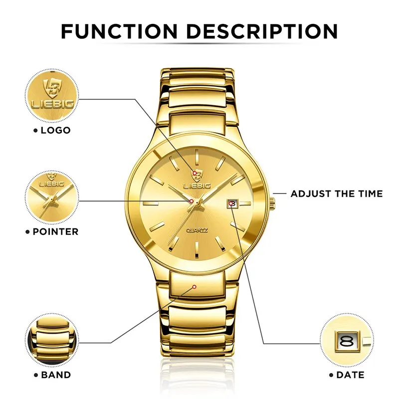 LIEBIG Luxury Golden Stainless Steel Quartz Watch Women Men Waterproof Date Wristwatches For Ladies Female Clock Montre Femme