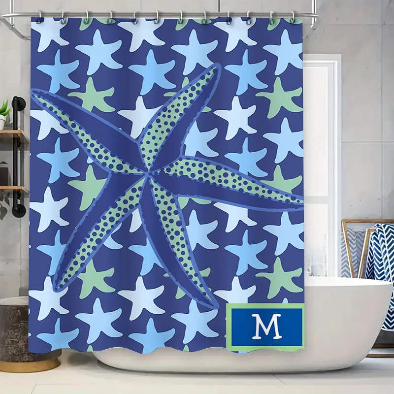 

Занавеска для душа с изображением морской звезды и монограммы, синий, зеленый, белый, современный декор для ванной комнаты для детей и взрослых (длина: 128 каналов)