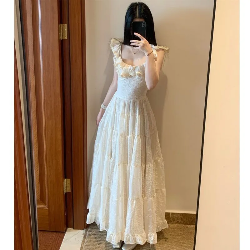 Image of Französisch-Chic Elegante Hochgeschnittene Schlanke Spitzen-Rüschen-Kleider für Damen, Trendige Mehrlagige Bestickte Lange Kleider, Feenhafte Süße Alltagskleider für Dates und Partys