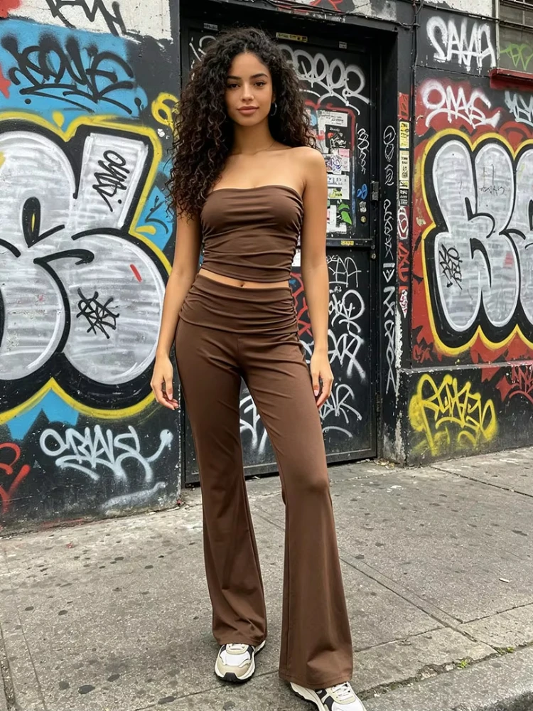 Y2K Women Fold Over High Waist Flared Pants Solid Stretchy Ruched Waist Bootcut Trousers Slim Casual Yoga Streetwear Long Pants