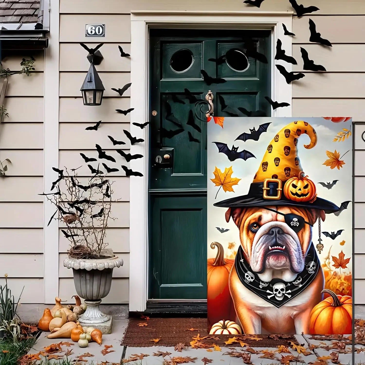 Happy Halloween Garden Flag Cute Dog English Bulldog with Pumpkin Lantern for Outdoor Home Decor 12x18 Inch Print Double Sid PPZ