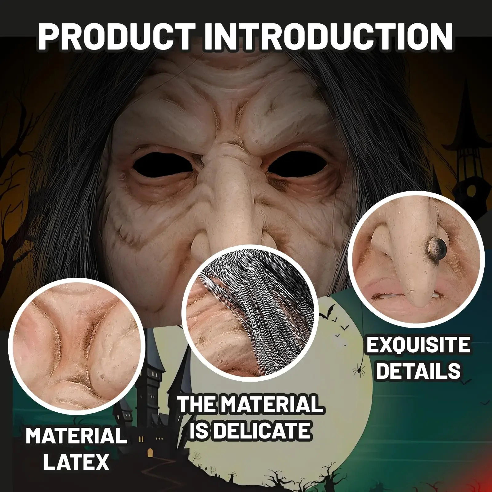 Witch Mask with Long Hair Scary Old Women Mask Latex Halloween Cosplay Masquerade Costume Accessory for Adults