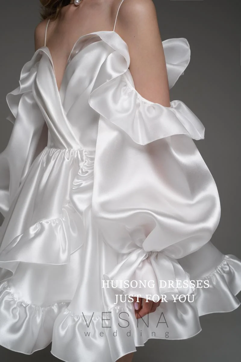 HUISONG فساتين زفاف قصيرة مخصصة من الساتان على شكل قلب فساتين زفاف صغيرة على شكل حرف a فستان حفلات الزفاف على الشاطئ #3