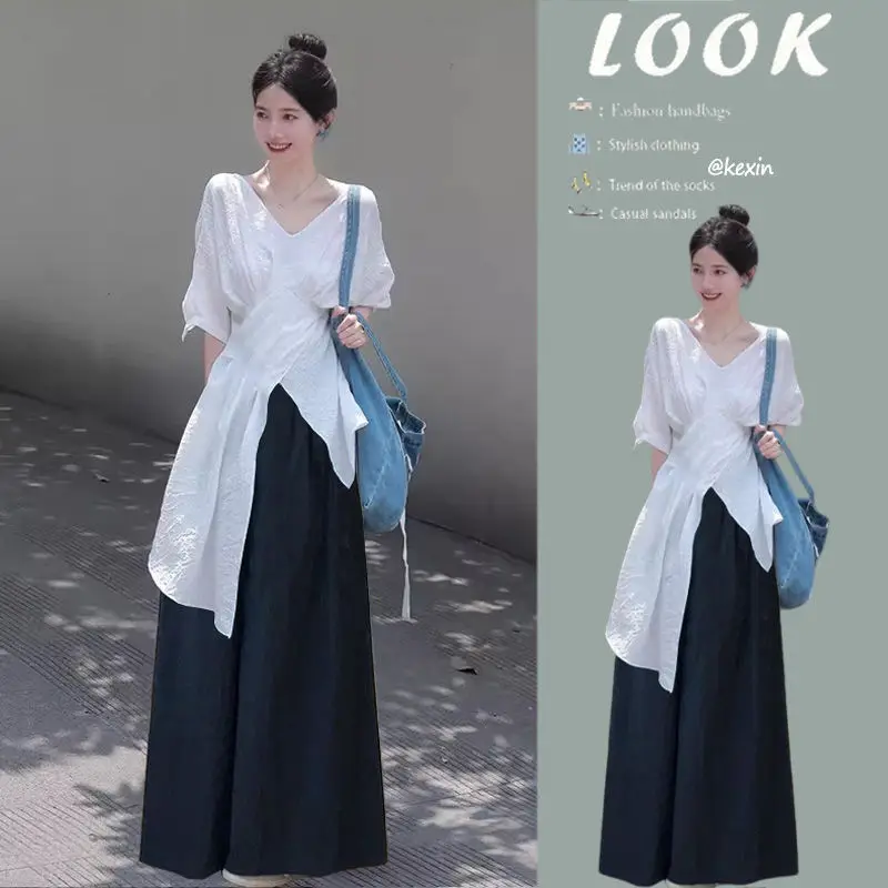 

Casual Suit Women's Summer V-neck Irregular Half Sleeved Top High Waist Wide Leg Pants Two-piece Set Fashion Female Clothes