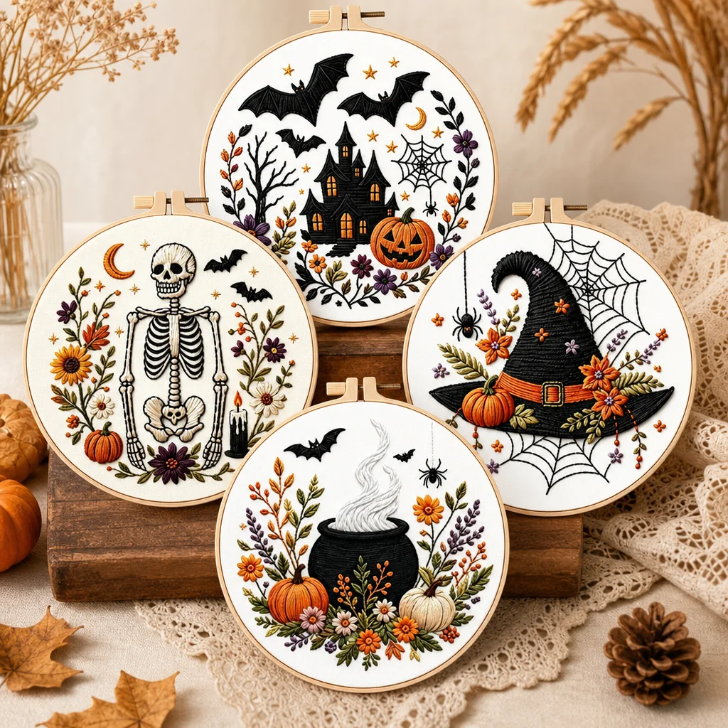 Pumpkin Skeleton Embroidery Kit with EN Instructions Thread Stamped Cloth with Pattern Kit for DIY Gift