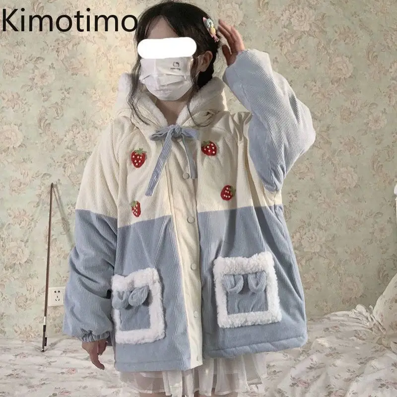 Kimotimo Kawaii Hooded Corduroy Cotton Jacket Women Japan Style Sweet Strawberry Embroidery Loose Qulited Coats Winter Warm Tops