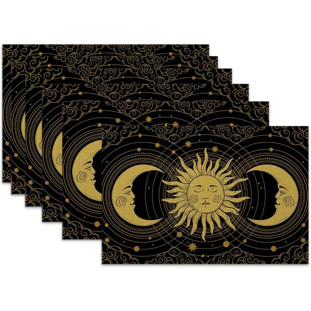 Boho Celestial Placemats Set Of 6,Sun Moon Stars Heat Resistant Table Mats Washable Place Mats For Party Kitchen Farmhouse Home