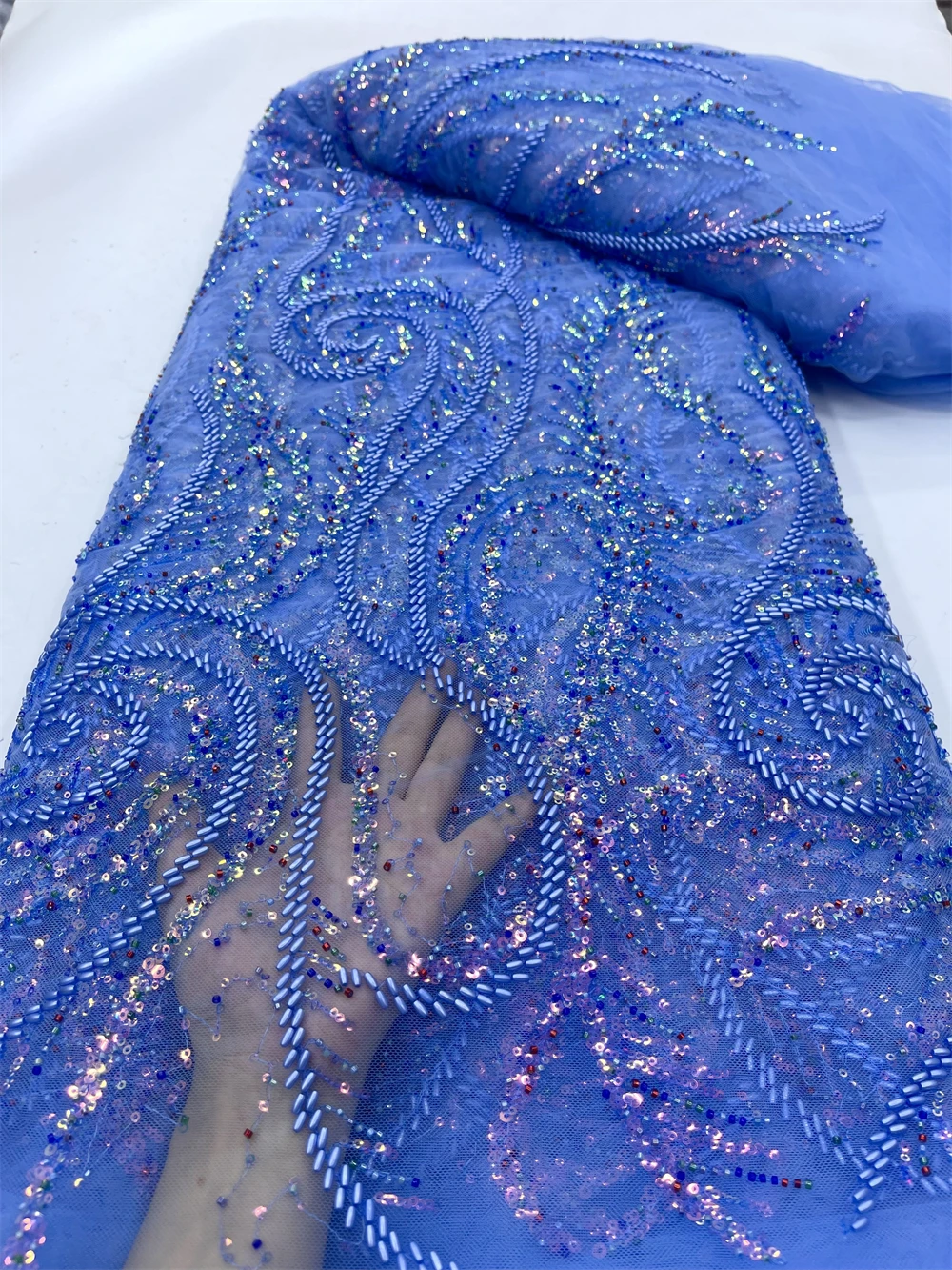 Sewing Net Cloth Beads Stone Prom Dresses Nigerian Sequins Embroidery Tulle Lace Fabric High Quality 5Yards 2024 JY322