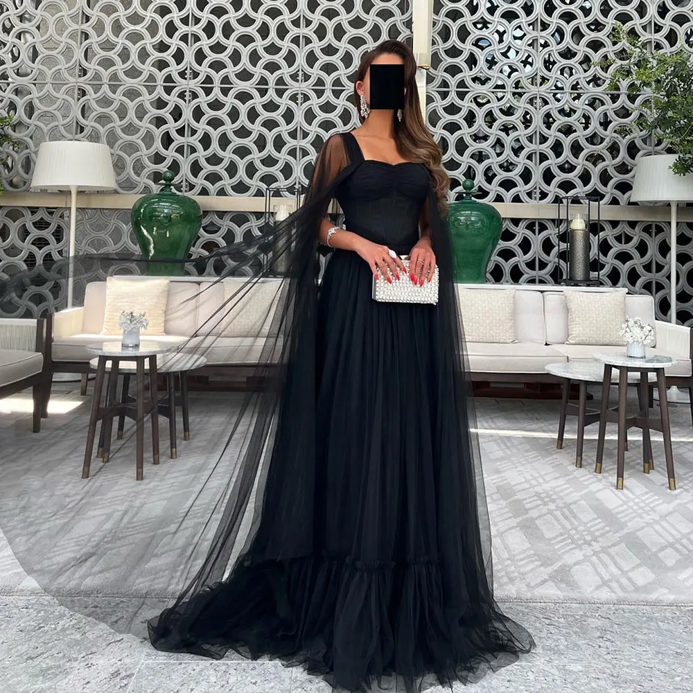 

Simple Tulle Evening Dress With Shawl Draped Square Neck فساتين الحفلات Dubai Women's Elegant Lace-up A-Line Vestidos De Festa