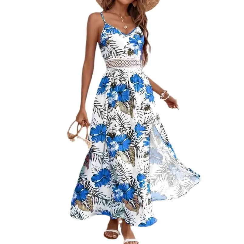 2025 Dress Women Elegant Fashion Beautiful Women's Dresses Party Bohemian Printed Suspender V-Neck Lace Stitching Slit Dress