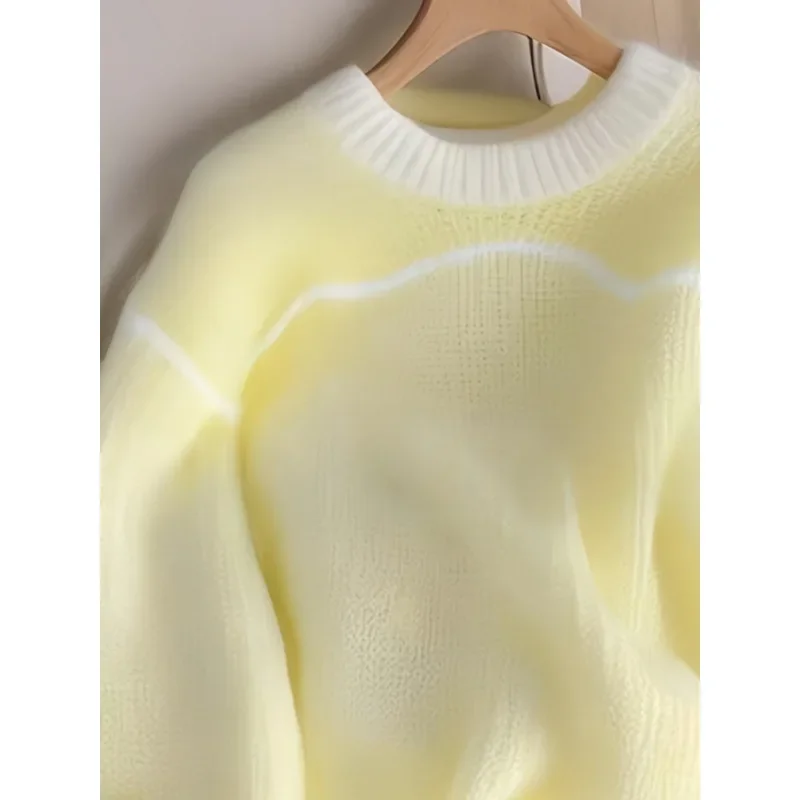 Amarelo solto-ajuste manga longa camisola de malha 2024 início do outono nova atmosfera coreana feminina moda topo