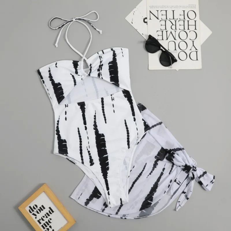 Women Printed Bikini Summer Tie Dye Gathering Swimwear Three Piece Set Sexy Beach Skirt Women Swimwear