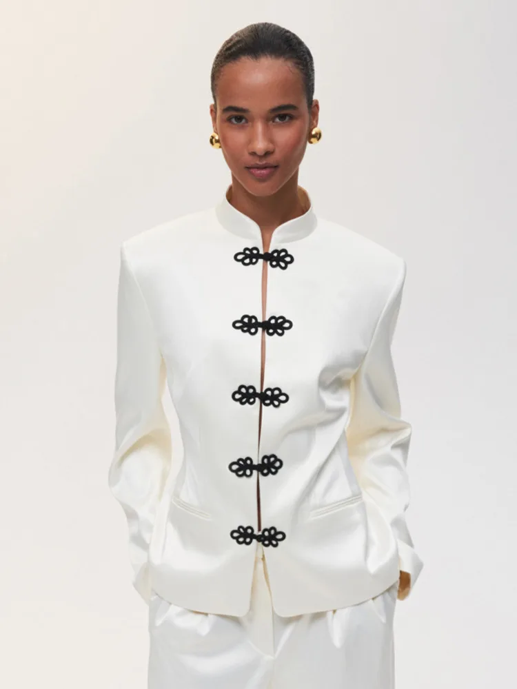 Blazer court décontracté TOKO pour femme, style chinois, col mandarin, boutons grenouille, collection Printemps-Été 2026, tendance et élégant