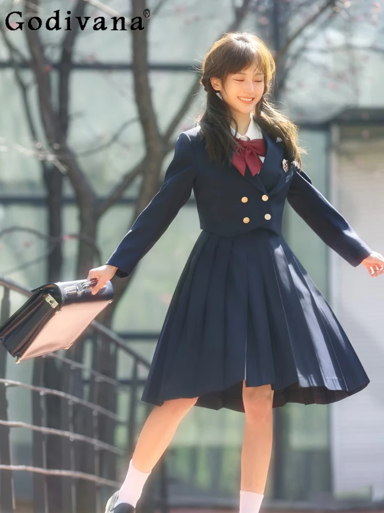 

Spring Autumn Korean Women Versatile Age Reduction Pleated Skirt JK Fashion Uniform Shirt Academy Suit British Three-piece Sets