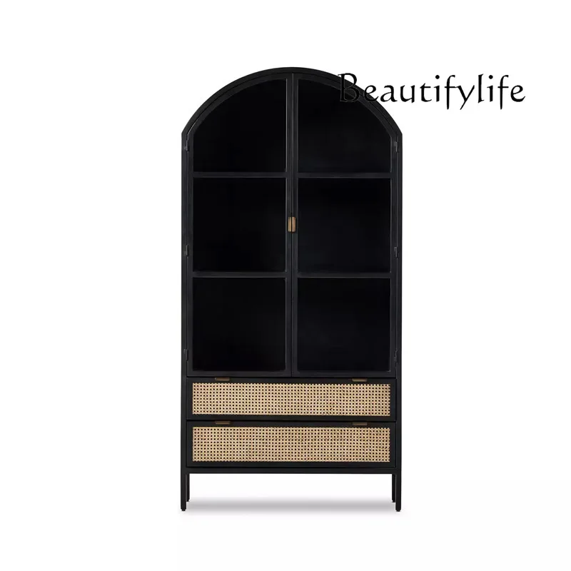 

French medieval solid wood bookcase post-modern light luxury black glass door display cabinet