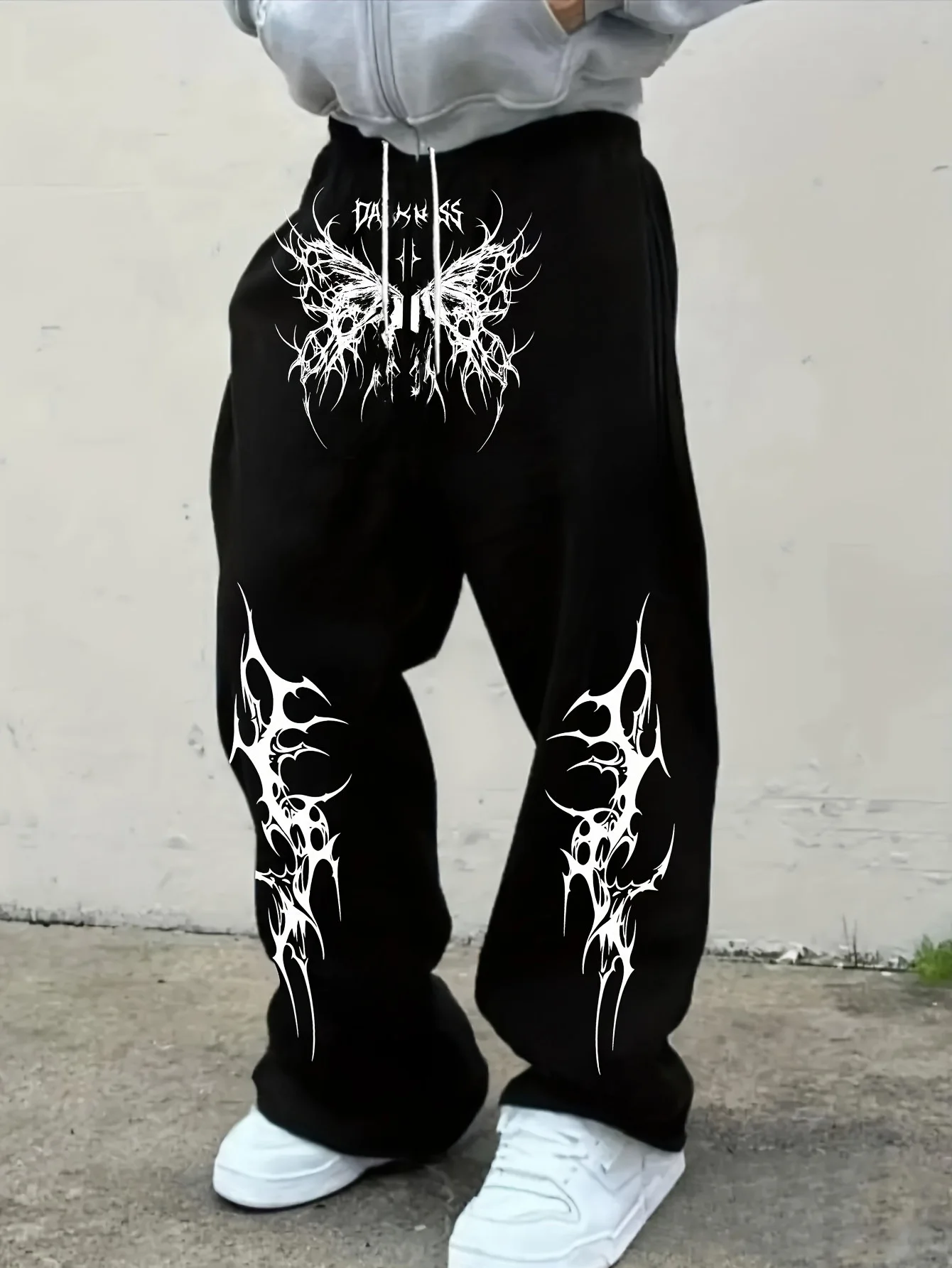 Men's Gothic Print Athletic Pants with Elastic Waist & Drawstring - Loose-Fit Straight Trousers Suitable for Streetwear