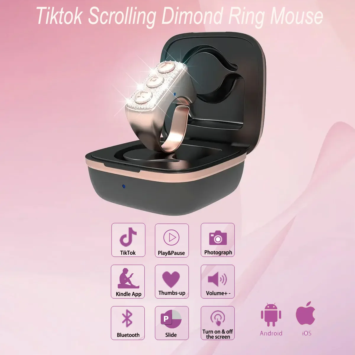 

Diamond Bluetooth Ring Mouse Tiktok E-book Scrolling Take Photos and Videos Mobile Phone Tablet Remote Control For iOS Android
