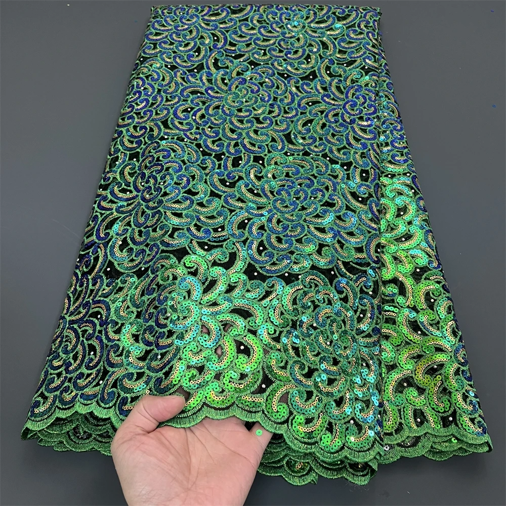 

African Nigerian Sequins Embroidery Tulle Lace Fabric, Sewing Beads Stone Prom Dresses, High Quality, 5Yards, 2025 PS0062