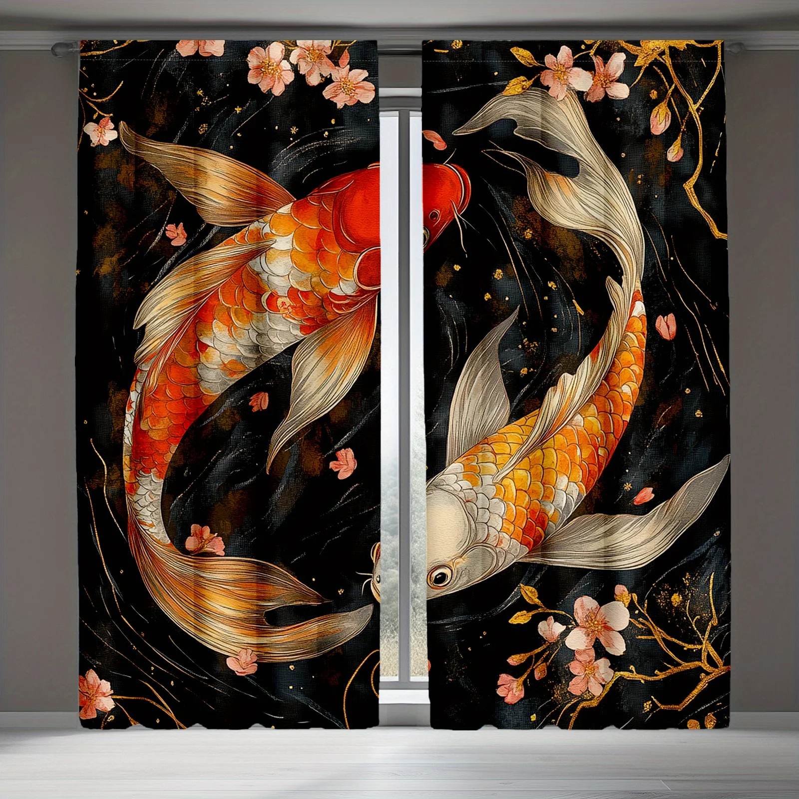 2pcs Decorative CurtainsKoi Fish and Cherry Blossom Curtains for Boys & Girls, Japanese Style Window Drapes