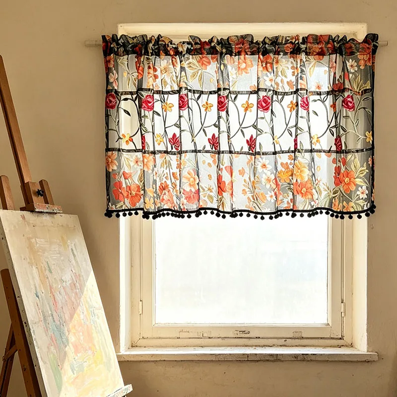 1pc French Nostalgic Spliced Short Sheer Curtain, Oil‑Painting Floral & 3D Embroidered Rose, Pom‑pom Fringe Cafe Curtain
