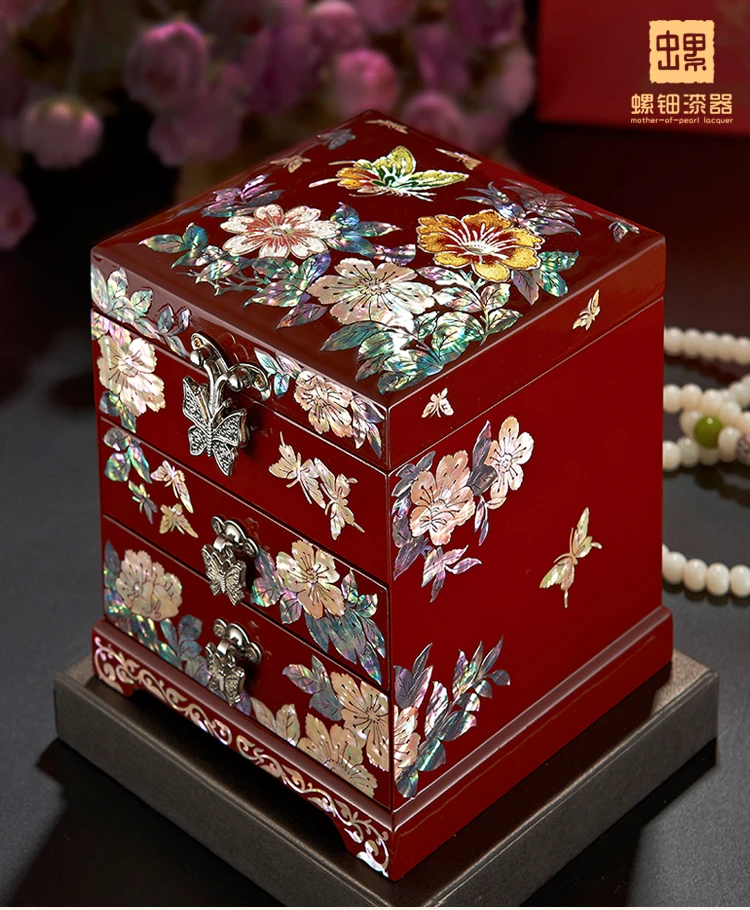 WOW-Christmas Birthday wedding High-grade gift BEST present -TOP Hand carving wood Inlay Natural  shells Jewelry Lacquer Box