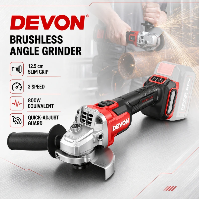 DEVON 2908 100mm Brushless Angle Grinder 20V Li Battery 8500 RPM, Multifunctional Cordless Cutting Polishing Grinding Power Tool