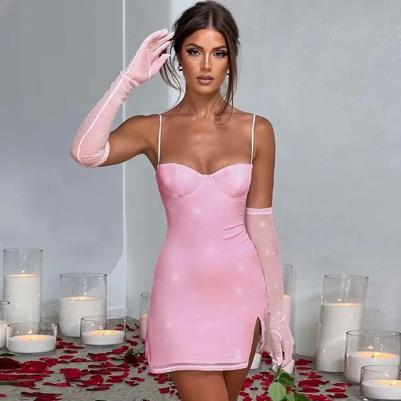 Schlankmachender Schlitz-Rock, sexy trägerloses Damen-Minikleid mit Handschuhen, Partykleid, Abendkleid, formelles Dinnerkleid