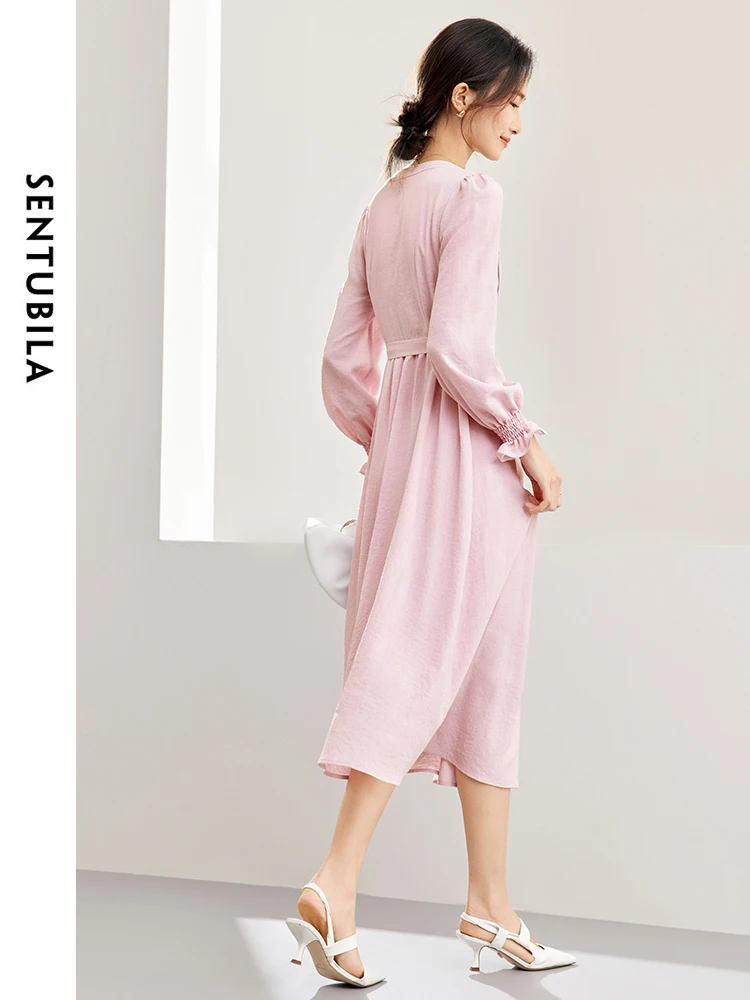 SENTUBILA Spring Pink Shirt Dress for Women 2024 Elegant Fashion Button Down Front Long Sleeve Vacation Midi Dresses 141L53232