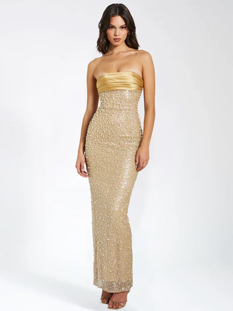 

Sexy Strapless Sequin Pearl Beading Long Dress Women Backless Luxury Beaded Slim Dresses Elegant Evening Party Gowns