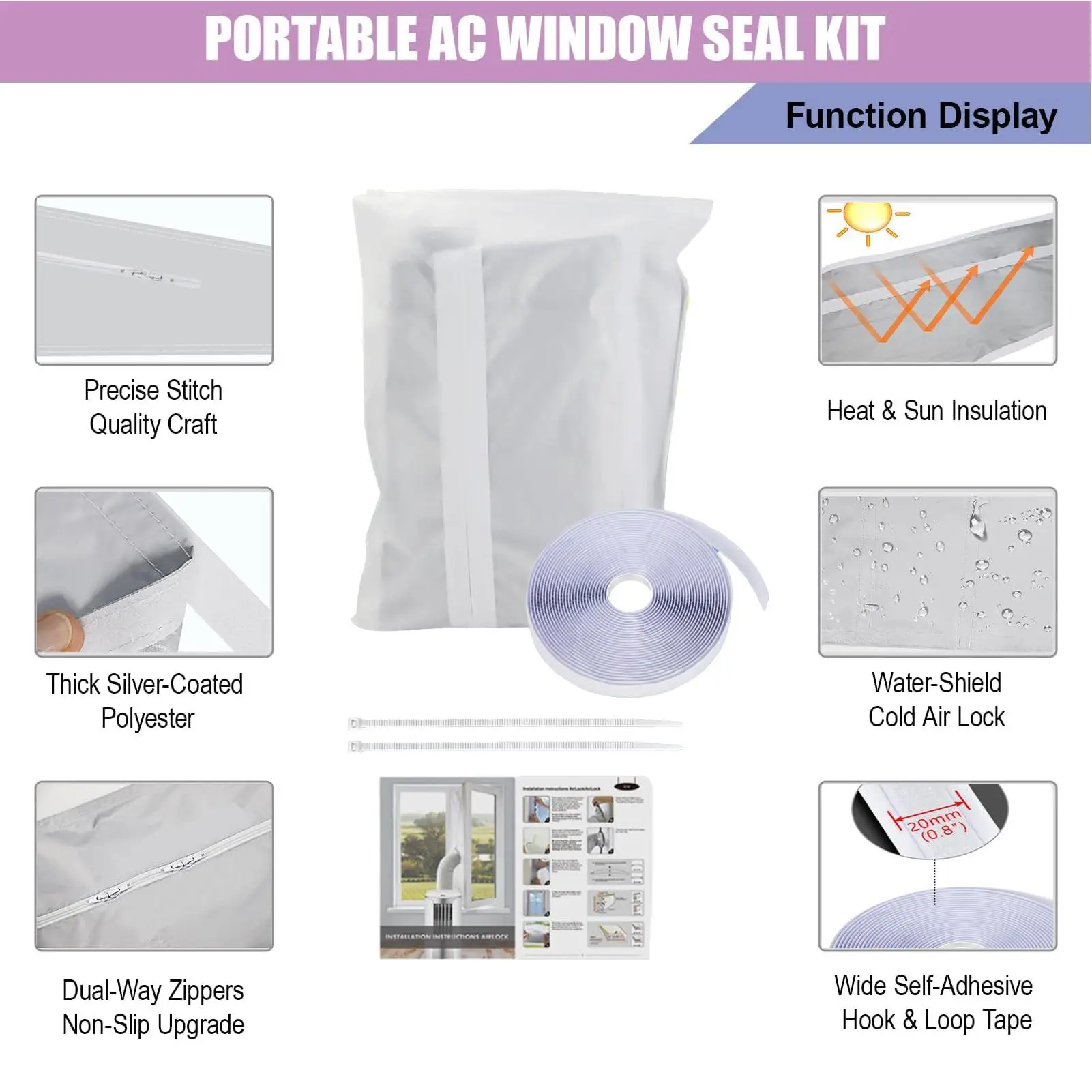 AC Unit Window Seal Insulation Set with Zip Air Conditioner Vent Sealing Kit for Home Bedroom Apartment Office Living Room