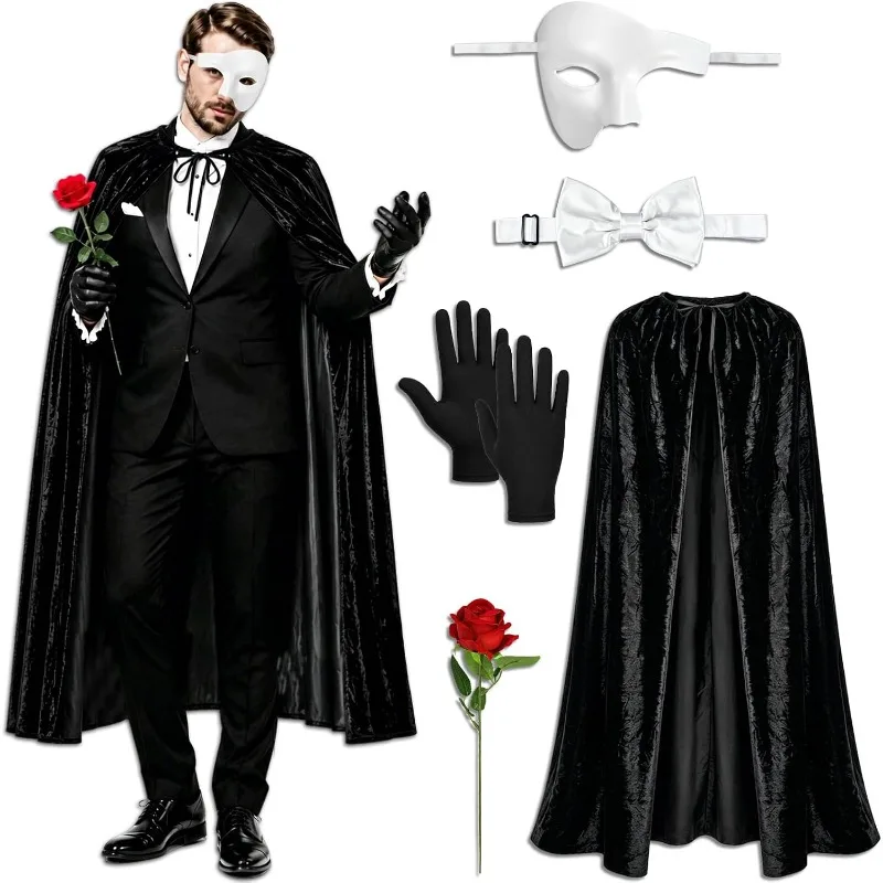 Image of 5-teiliges Set mit Accessoires für das Opernkostüm, Herren, Phantom-Maskerade-Kostüm, Krawatte, Handschuhe für Opernvorstellungen, Halloween.