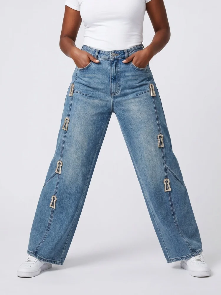 

2026 American Retro Y2K Style Metal Decoration Washed Blue Baggy Women's Jeans Pants For Woman Clothing Wide Leg Denim Trousers