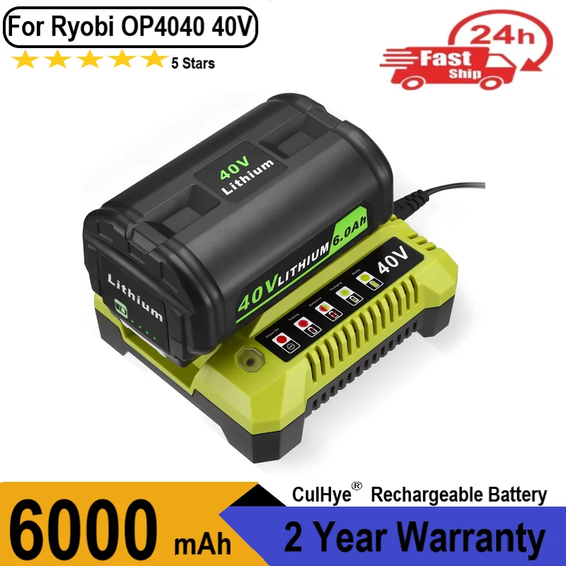 6000mAh 40V OP4040 Li-ion Battery & Charger for Ryobi OP4050 OP4050A OP4026 OP4040 OP40201 RY40200 RY40403 RY4050 Power Tools