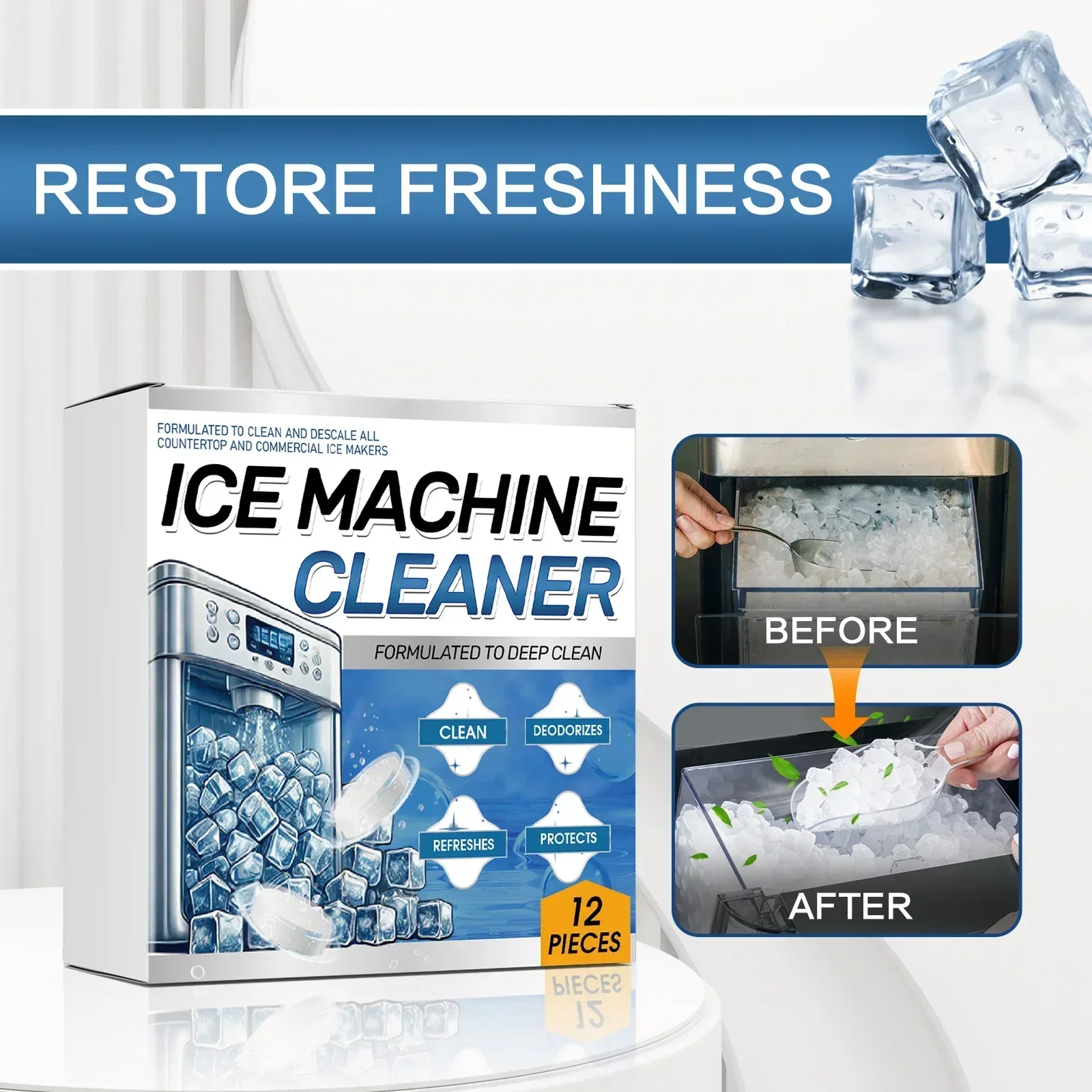 Ice Maker Descaler Tablets 12 Pack - Deep Clean & Remove Dirt Odor, Ideal for Countertop Commercial & Home Ice Machines.