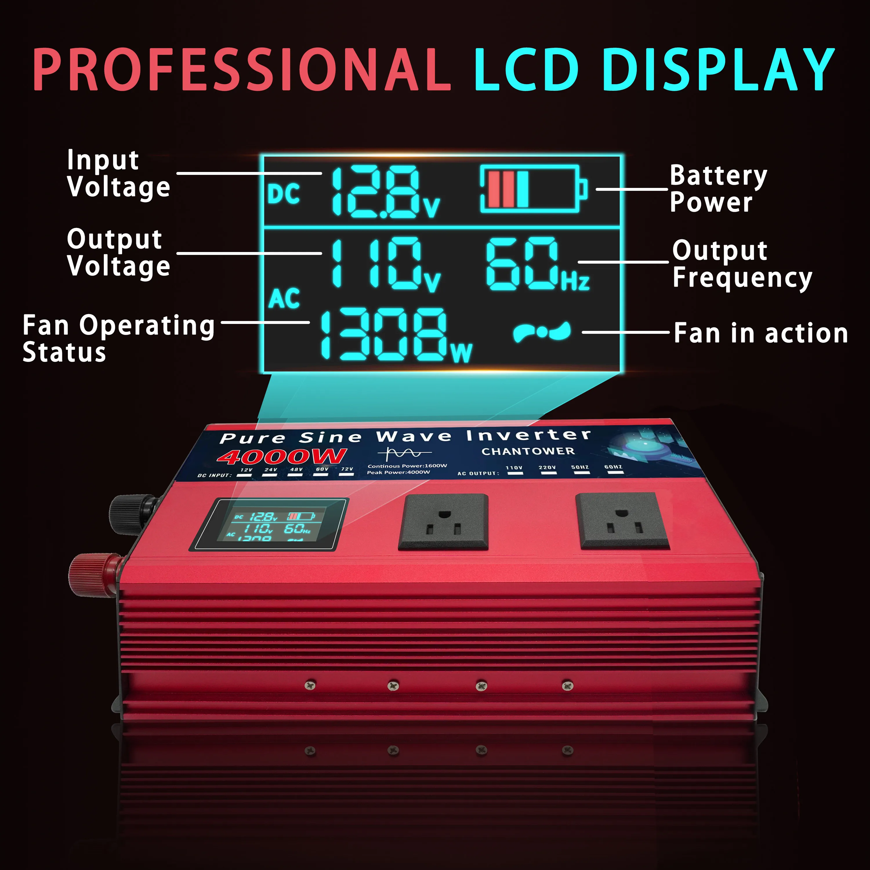 4000W Pure Sine Wave Inverter 12V 110V DC 12v/24v To AC 110v Voltage Converter Car Solar Power Inverter