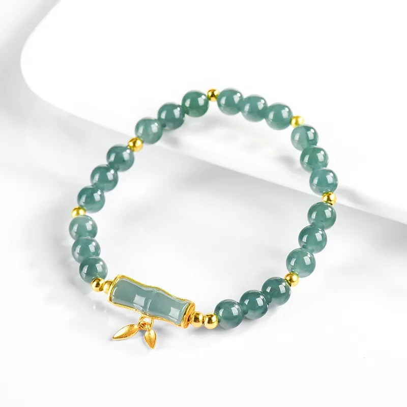 

TIMESWIND Blue Natural A-type Jade Beaded Bamboo S925 Silver Leaf Women Bracelet with Certificate