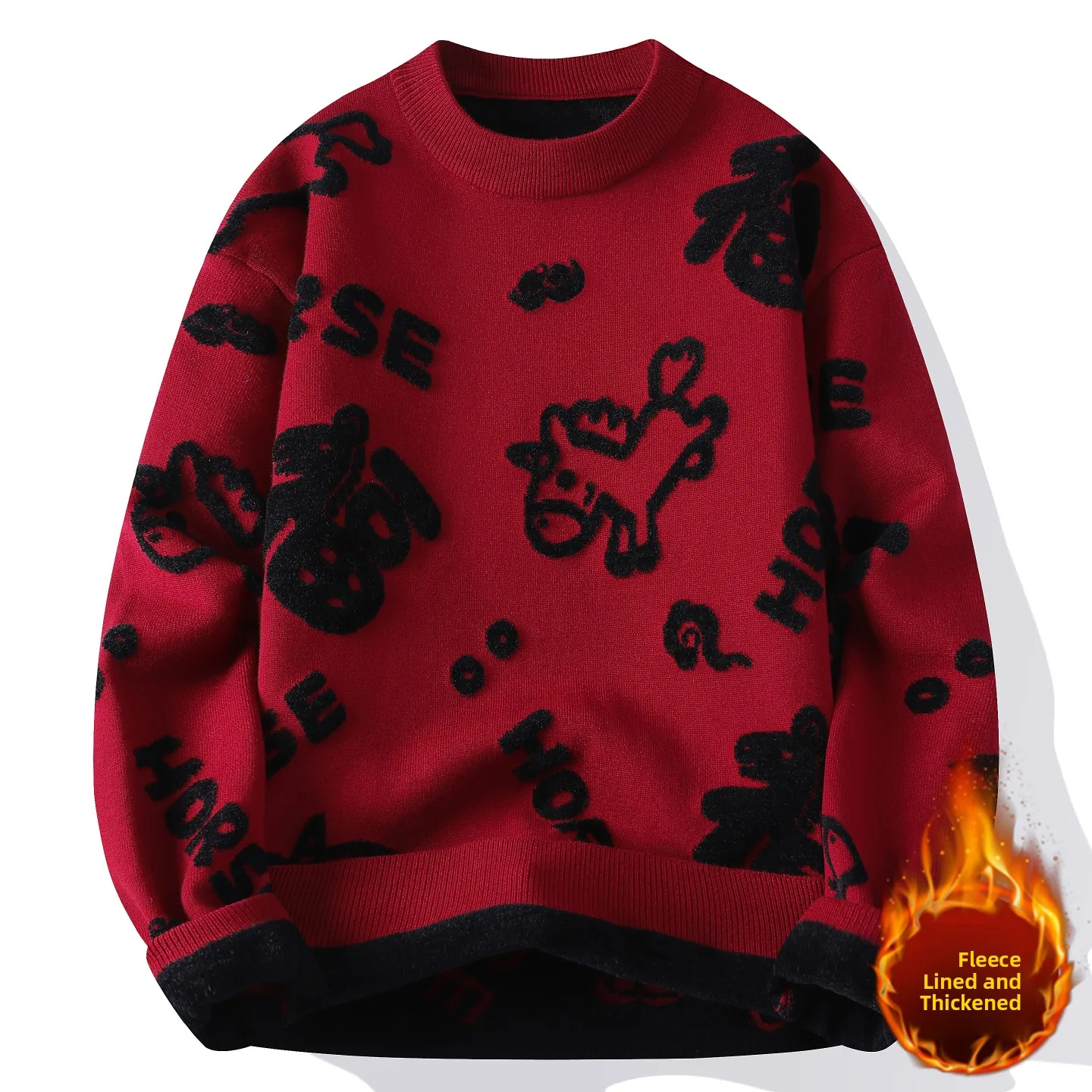 

Красный утепленный вязаный свитер с флисовой подкладкой для мужчин, Зима 2025, Новогодний астрологический дизайн, Теплая одежда, Размер M, Трикотаж