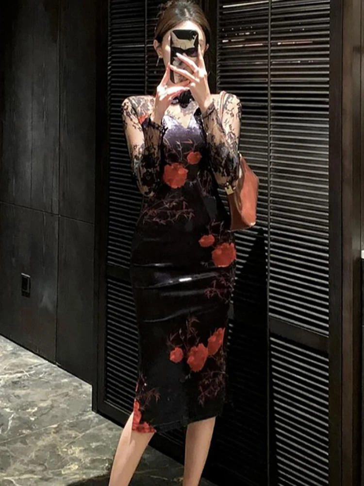 Automne hiver noir à fleurs velours Patchwork dentelle robe femmes à manches longues élégant pure robe Sexy 2025 coréen Vintage robe de bal